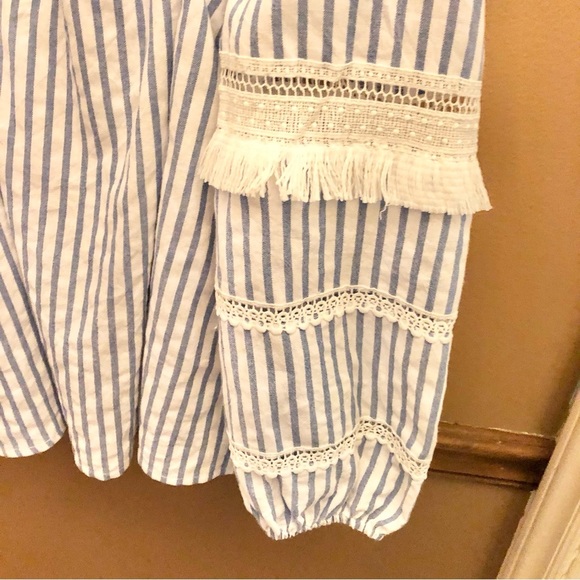 SugarLips Boho Cold Shoulder Tassel Lace Stripe Top Blue White XS - Picture 4 of 6